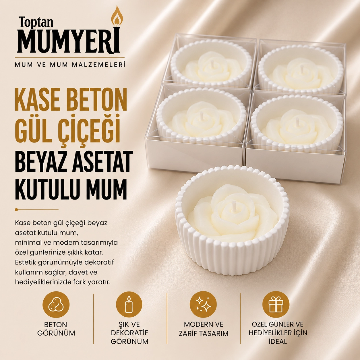 Beton Kase Gül Çiçeği Beyaz Asetat Kutulu Mum