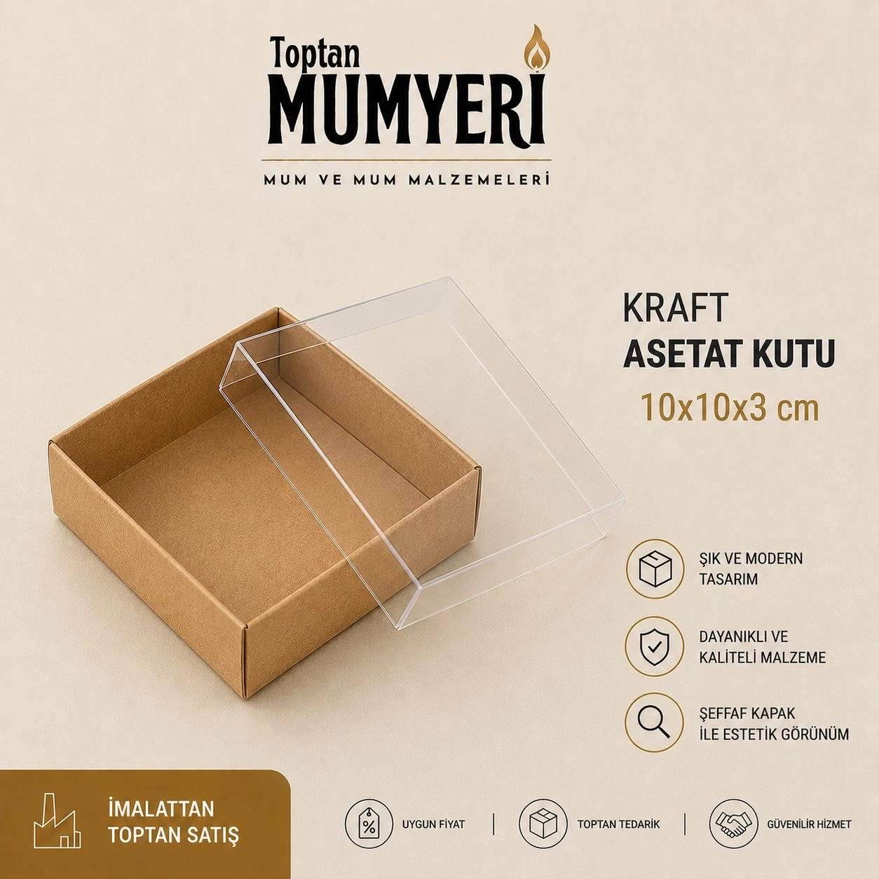 10x10x3 cm Kraft Asetat Kutu (Demonte)