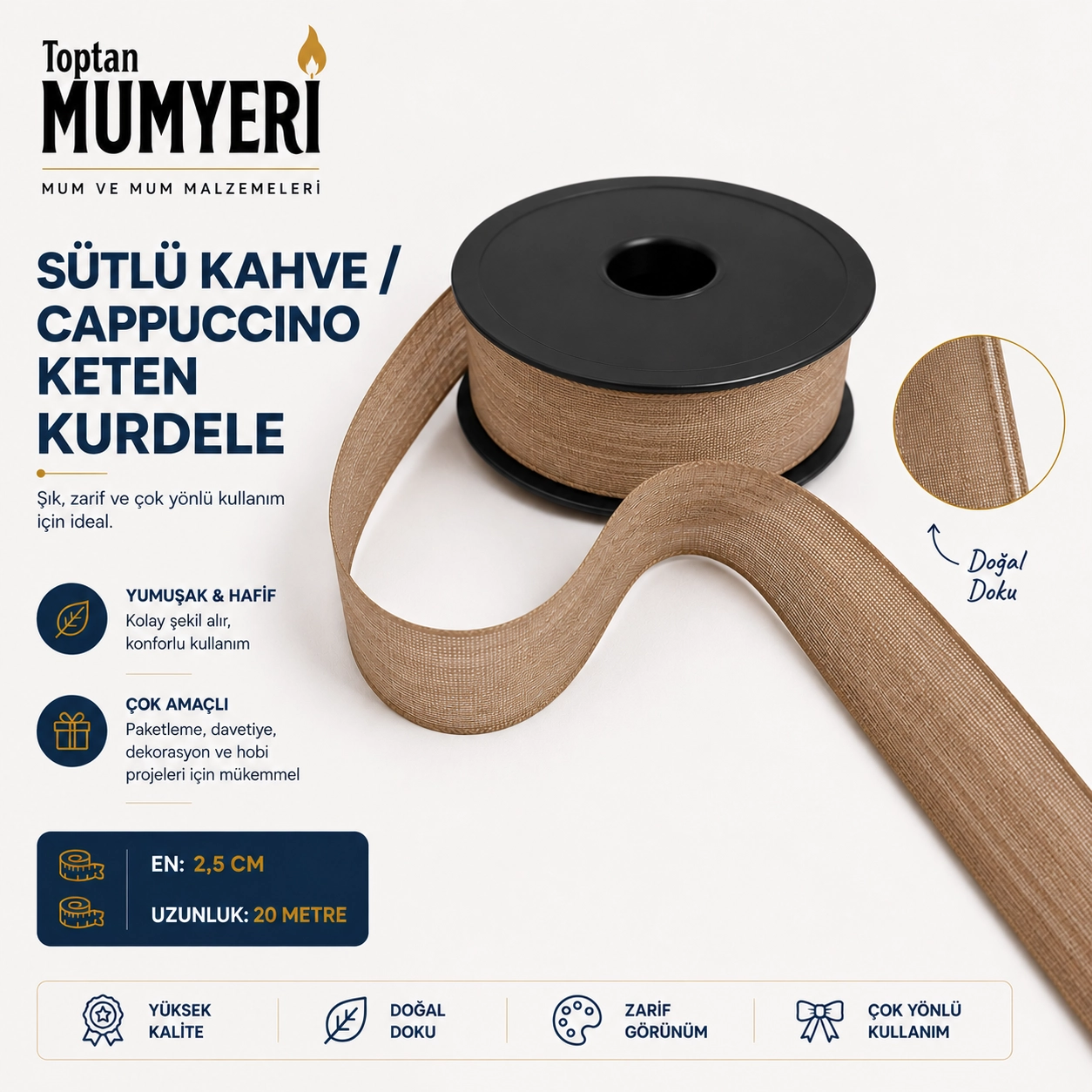 Sütlü Kahve/Cappuccino Keten Kurdele 2.5 cm (20 Metre)