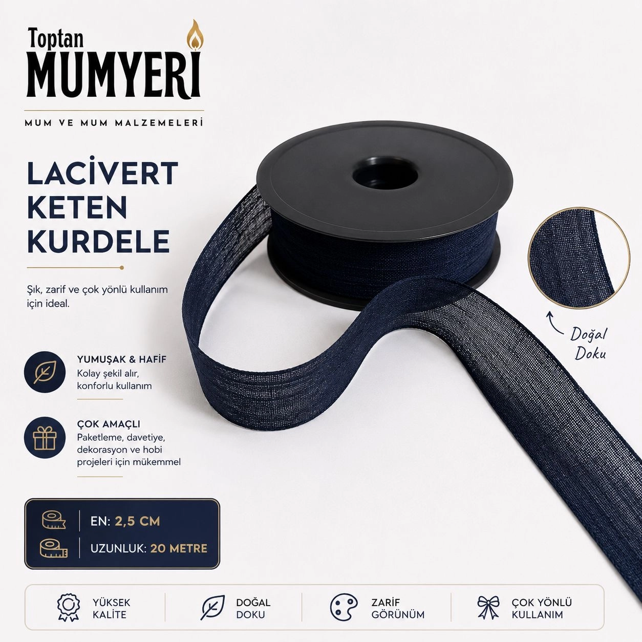Lacivert Keten Kurdele 2.5 cm (20 Metre)