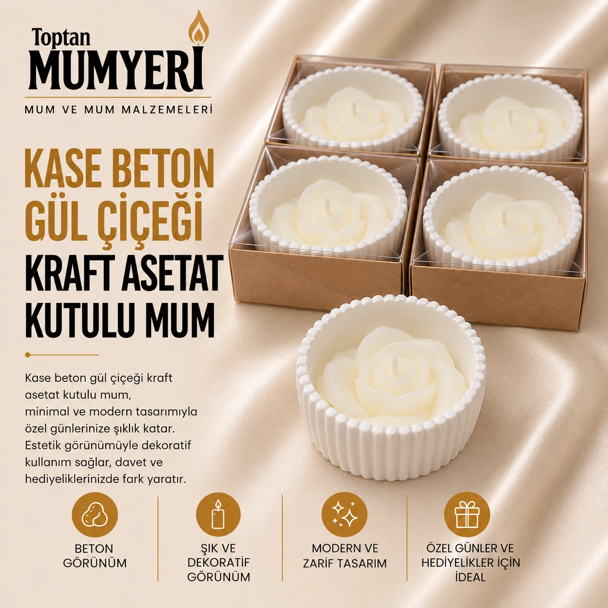 Beton Kase Gül Çiçeği Kraft Asetat Kutulu Mum