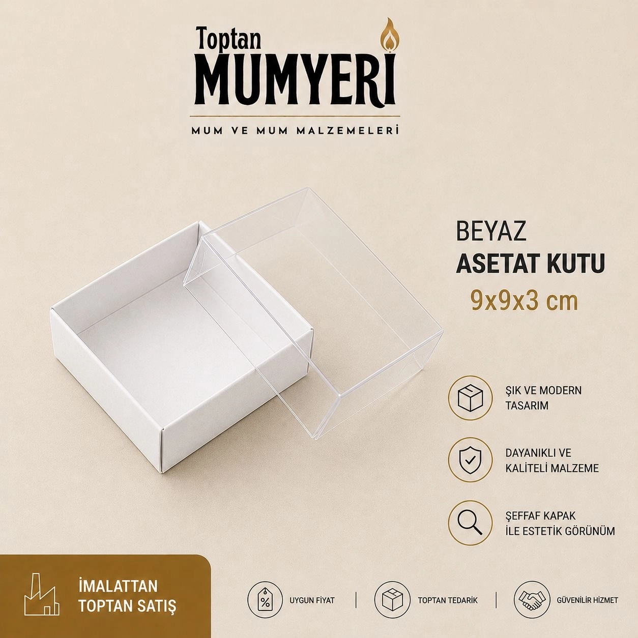 9x9x3 cm Beyaz Asetat Kutu (Demonte)