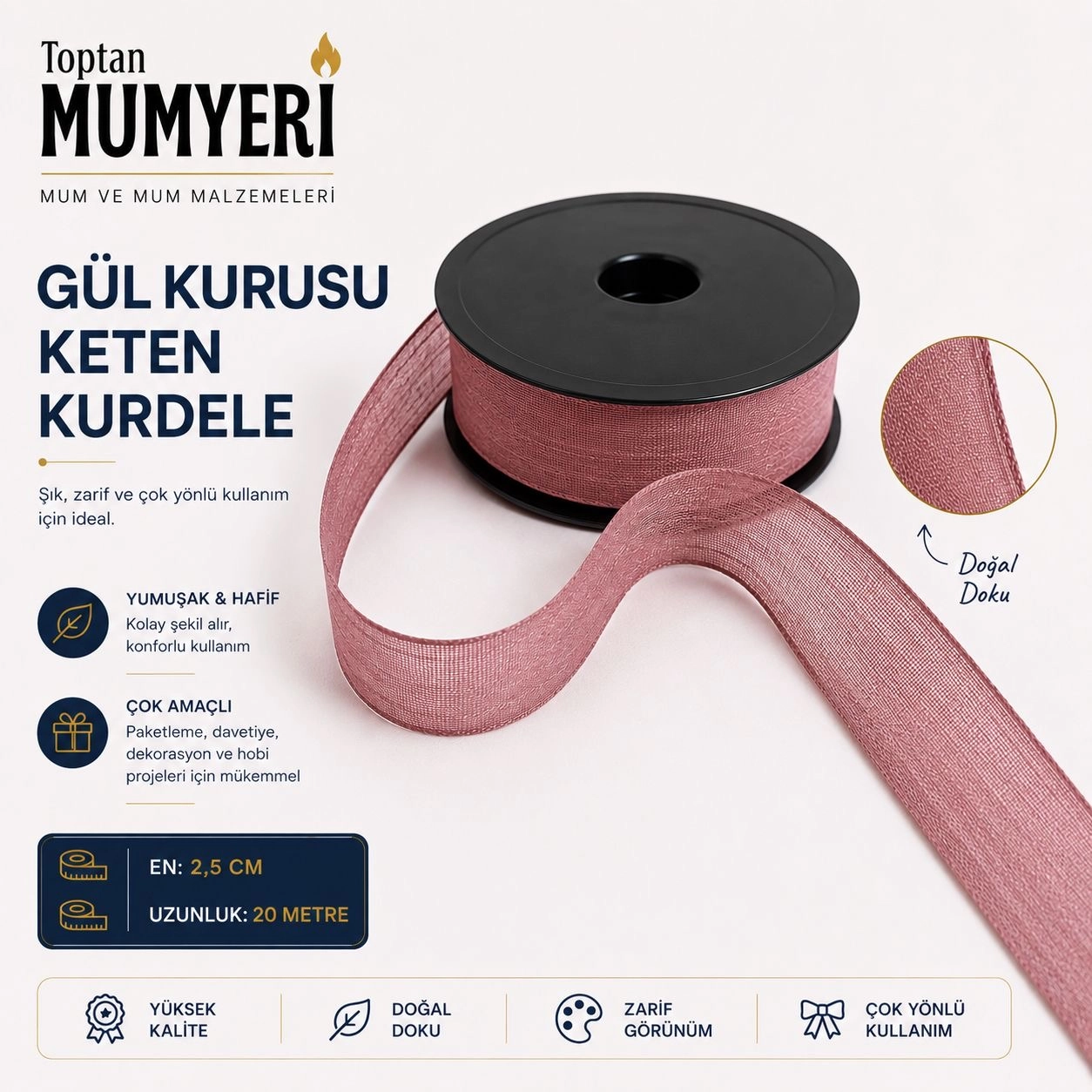 Gül Kurusu Keten Kurdele 2.5 cm (20 Metre)