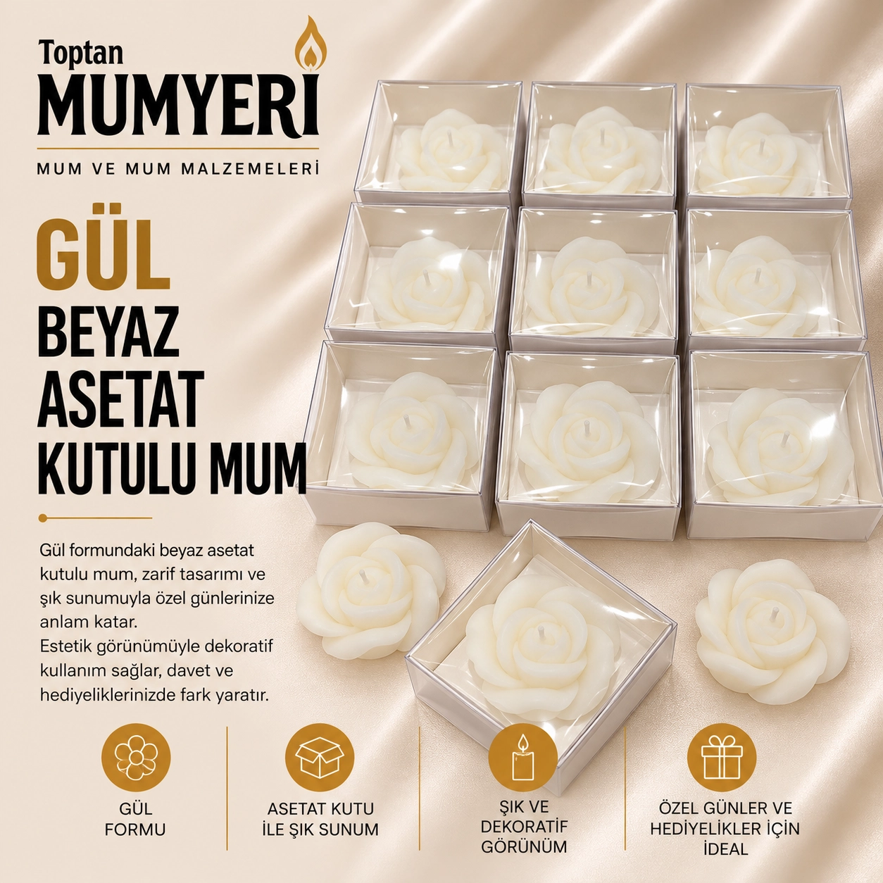 Gül Beyaz Asetat Kutulu Mum