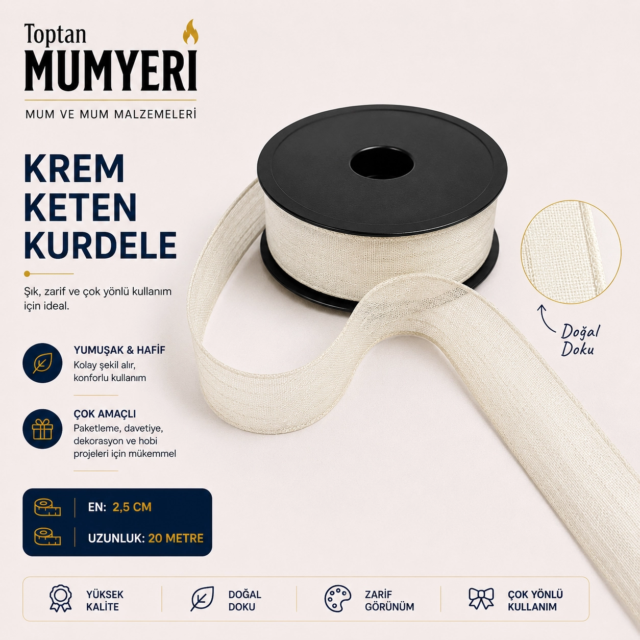Krem Keten Kurdele 2.5 cm (20 Metre)