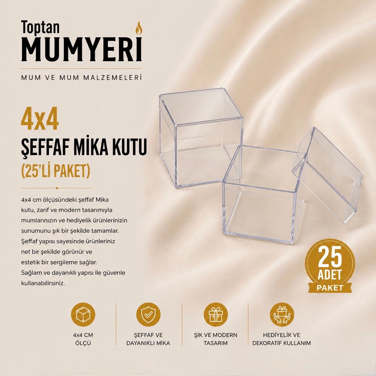 4x4 cm Şeffaf Mika Kutu