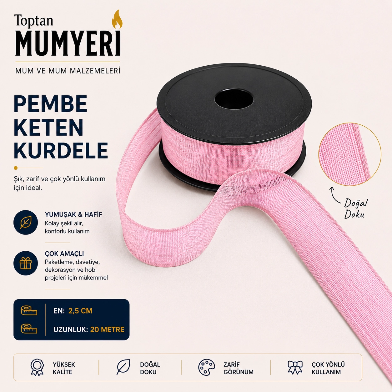 Pembe Keten Kurdele 2.5 cm (20 Metre)