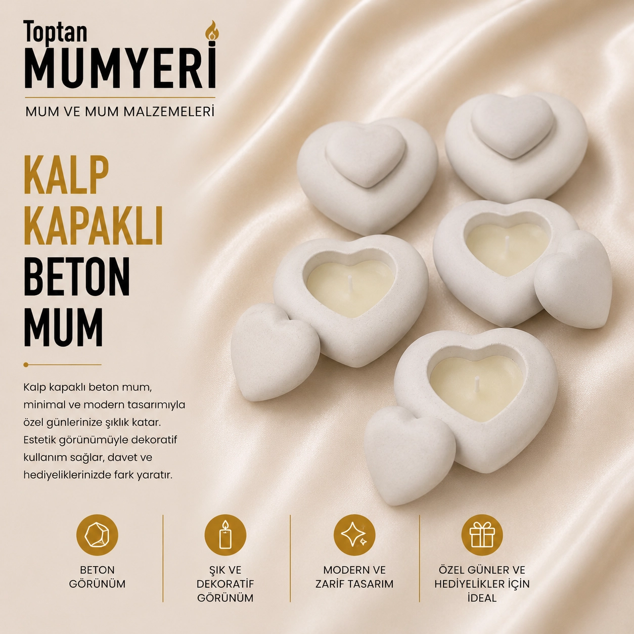 Kalp Kapaklı Beton Mum