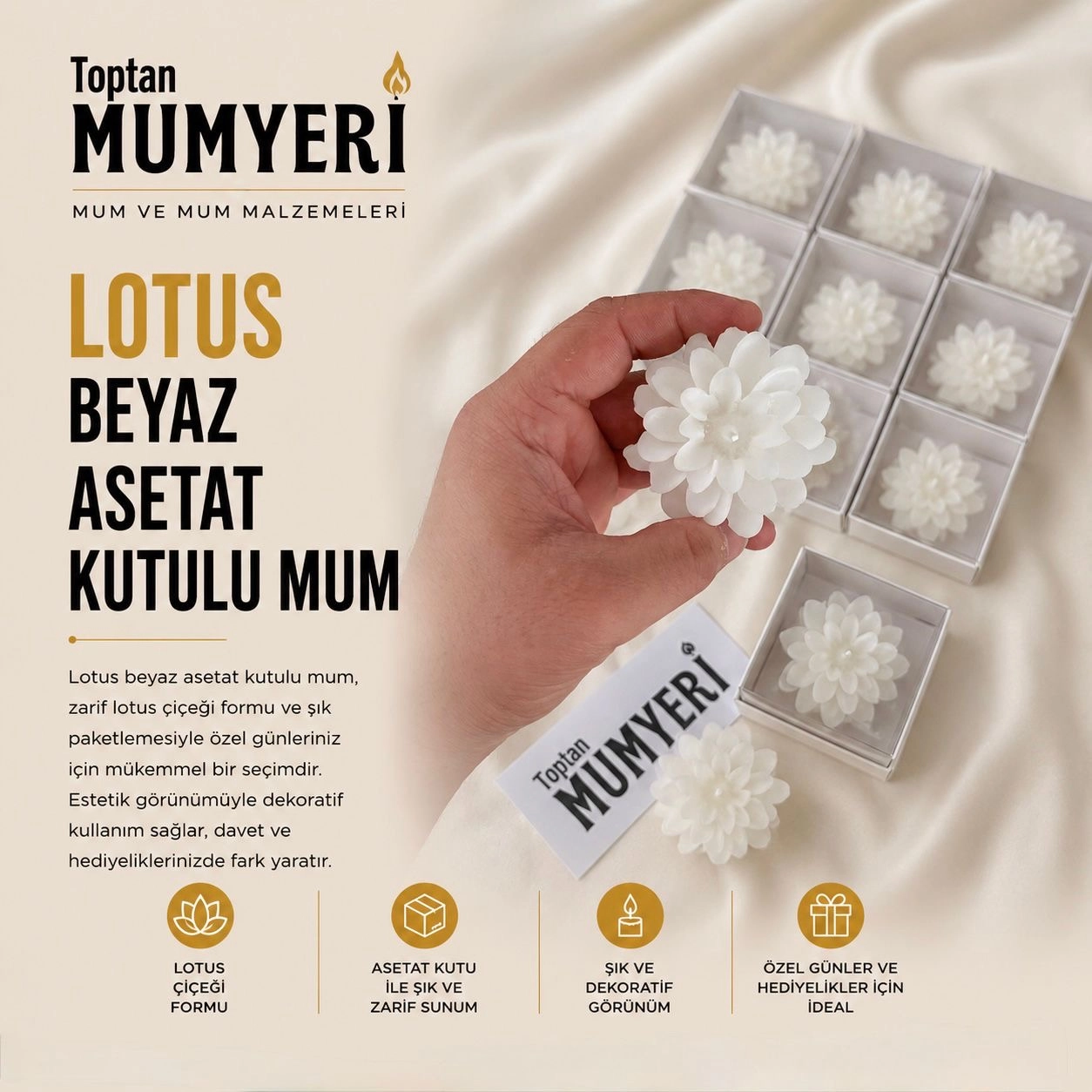  Lotus Beyaz Asetat Kutulu Mum
