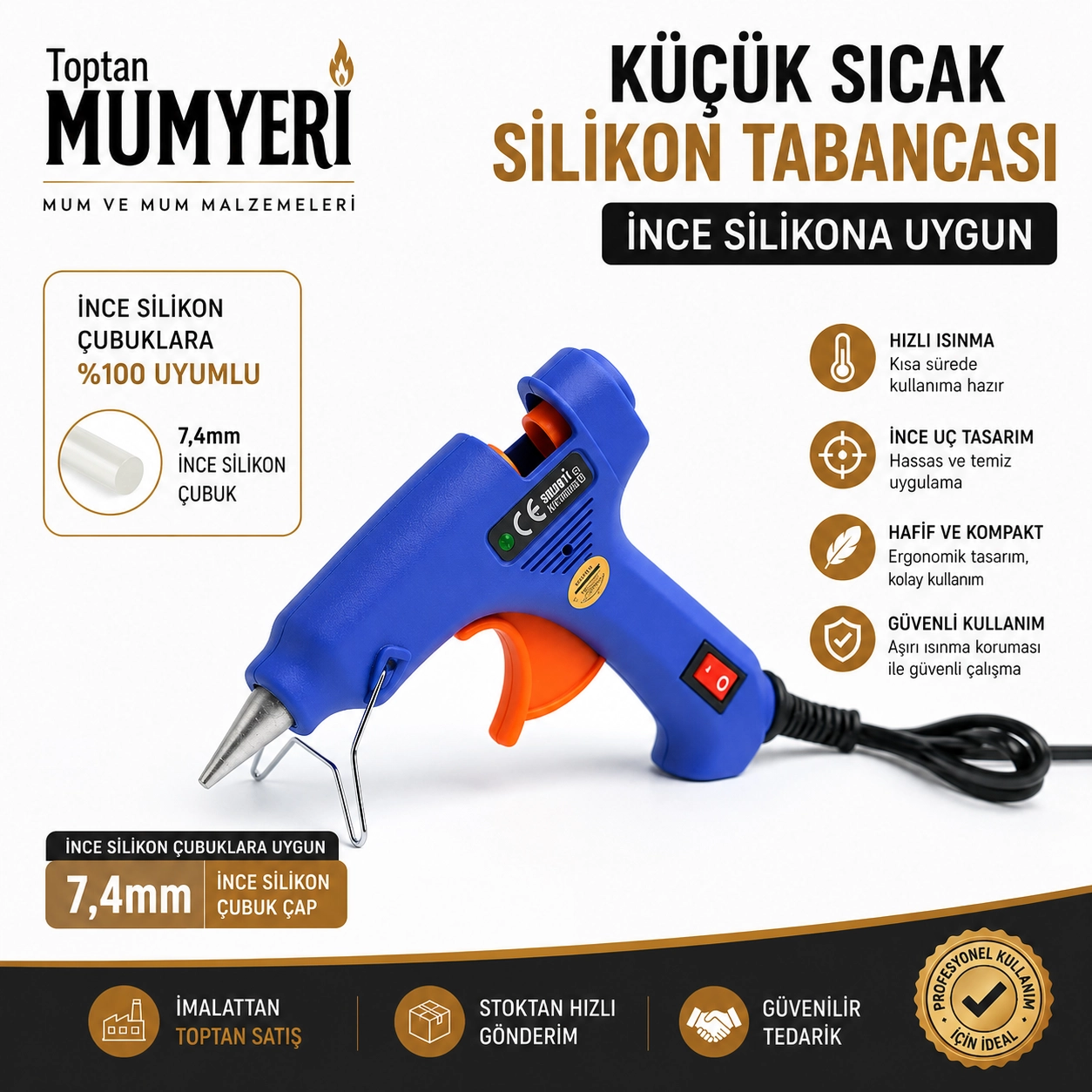 Küçük Boy Sıcak Silikon Tabancası (20 Watt-Anahtarlı) - 7.4mmx30cm İnce Çubuk Silikona Uygun