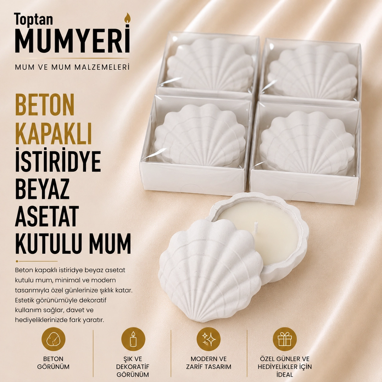 Beton Kapaklı İstiridye Beyaz Asetat Kutulu Mum