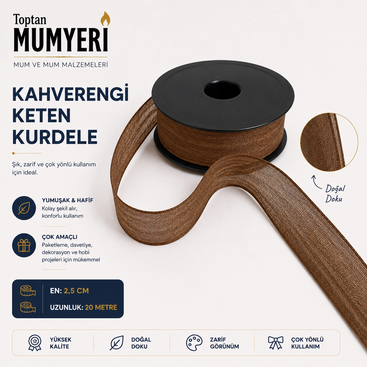 Kahverengi Keten Kurdele 2.5 cm (20 Metre)
