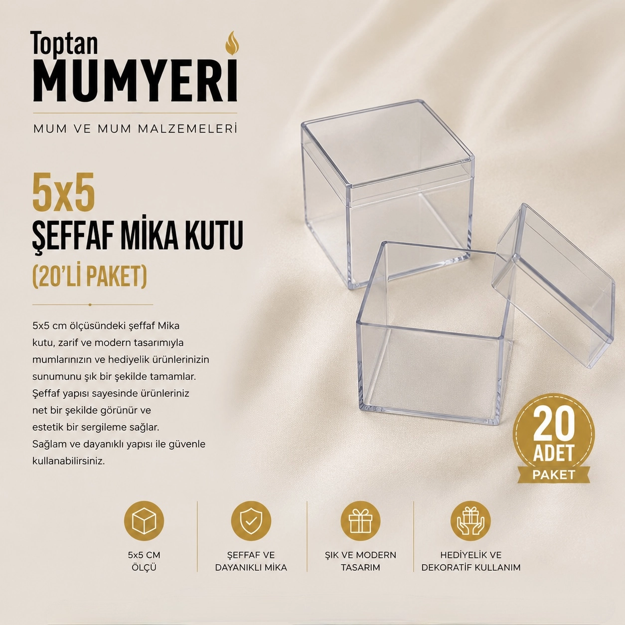 5x5 cm Şeffaf Mika Kutu