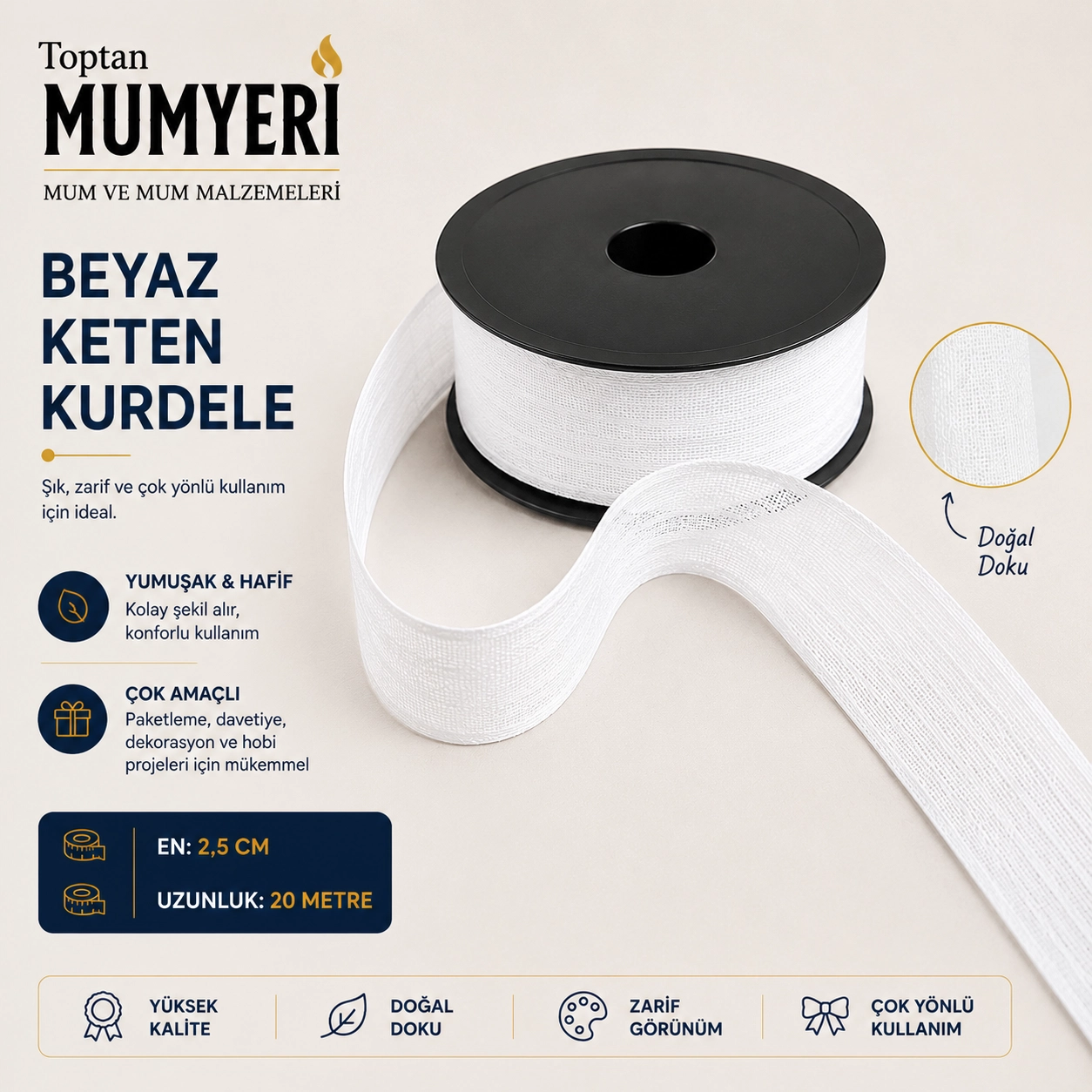 Beyaz Keten Kurdele 2.5 cm (20 Metre)
