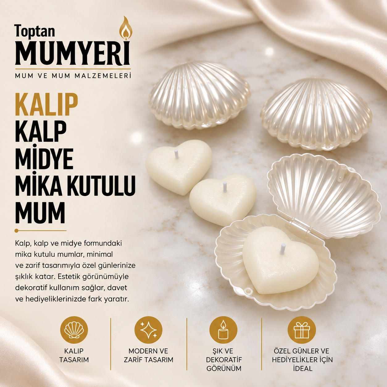 Kalıp Kalp Midye Mika Kutulu Mum
