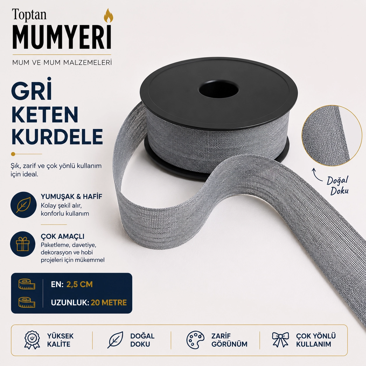 Açık Gri Keten Kurdele 2.5 cm (20 Metre)