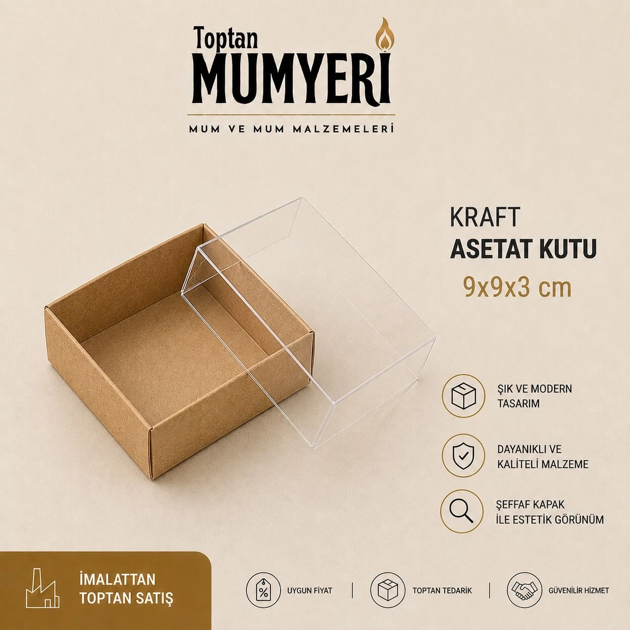 9x9x3 cm Kraft Asetat Kutu (Demonte)