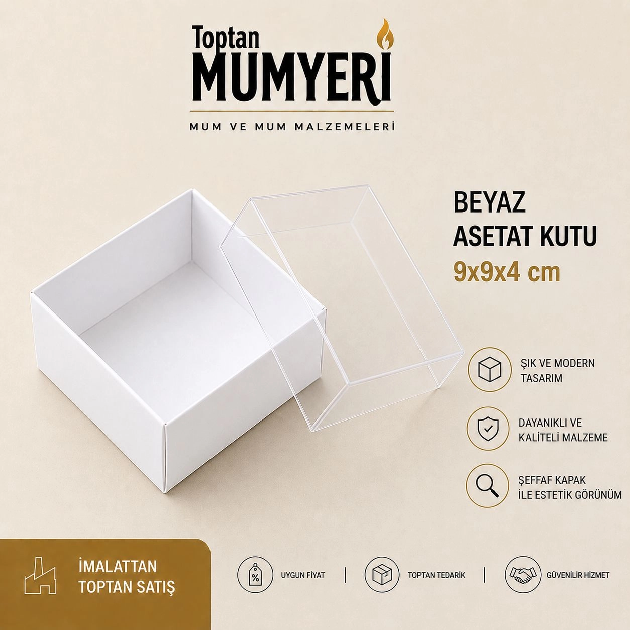 9x9x4 cm Beyaz Asetat Kutu (Demonte)