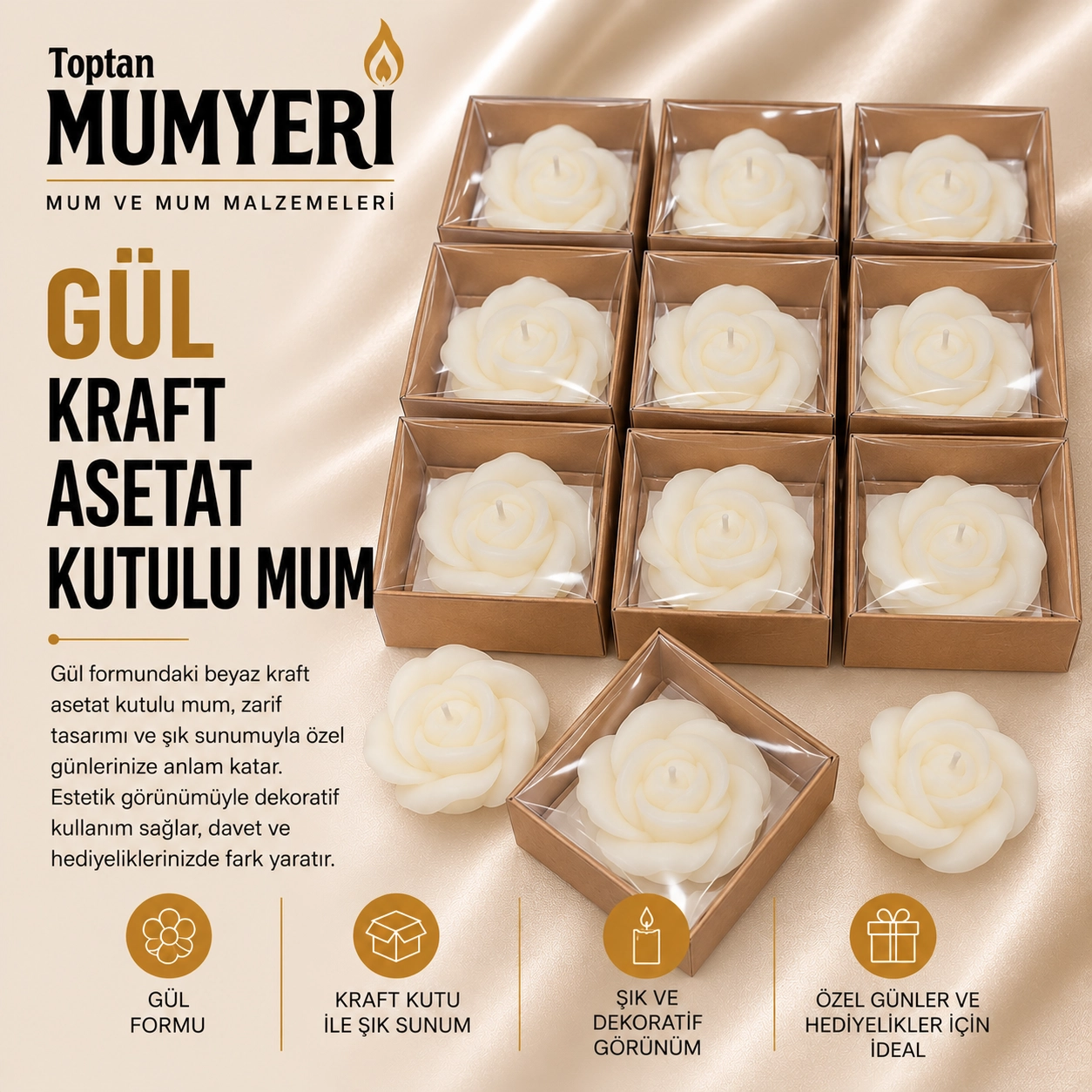Gül Kraft Asetat Kutulu Mum