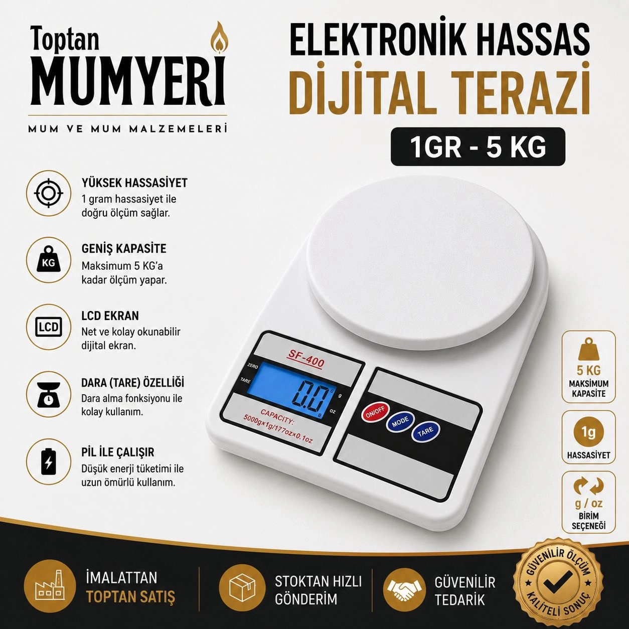 Dijital Hassas Tartı (1 GR-5 KG) - Pil İle Çalışır
