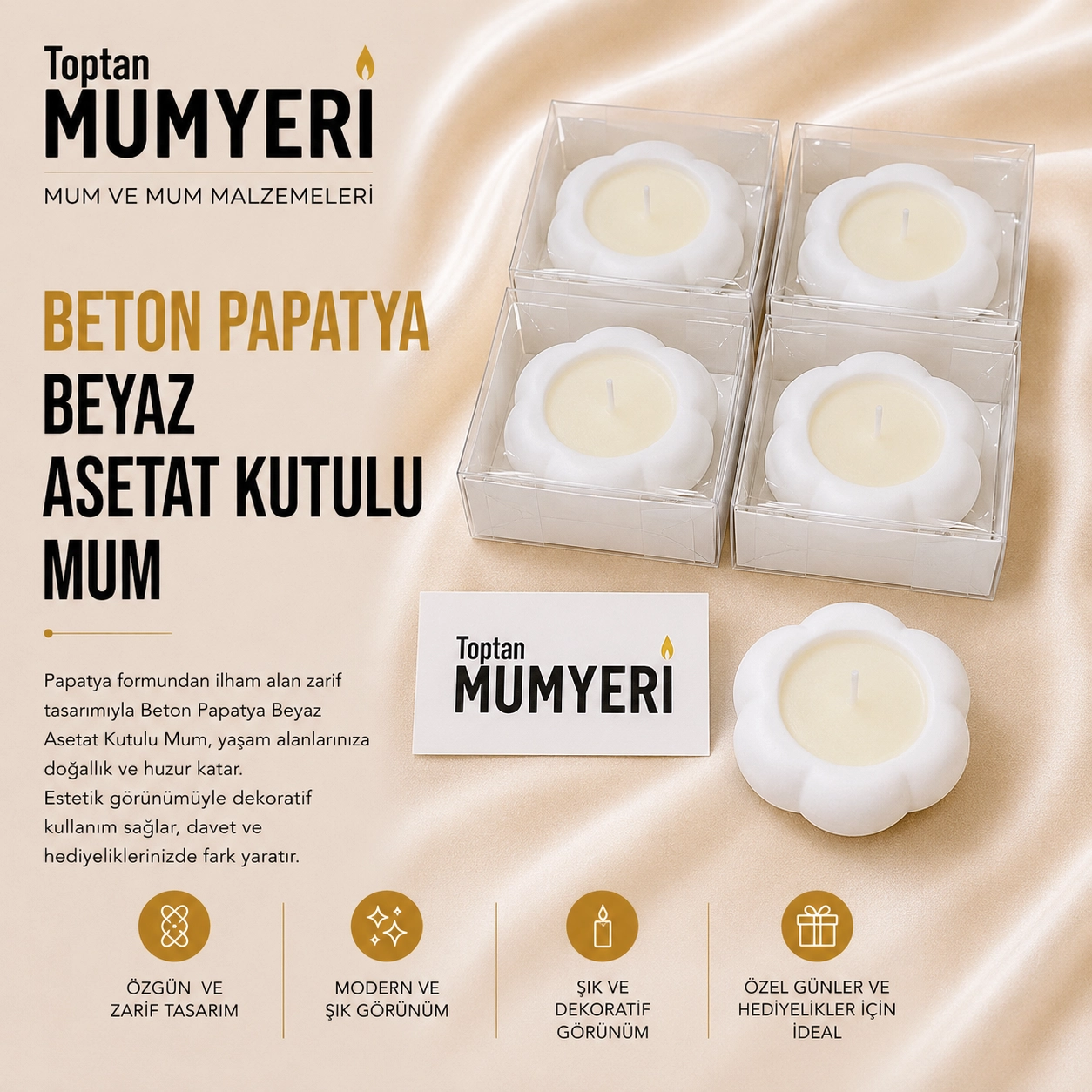 Beton Papatya Beyaz Asetat Kutulu Mum
