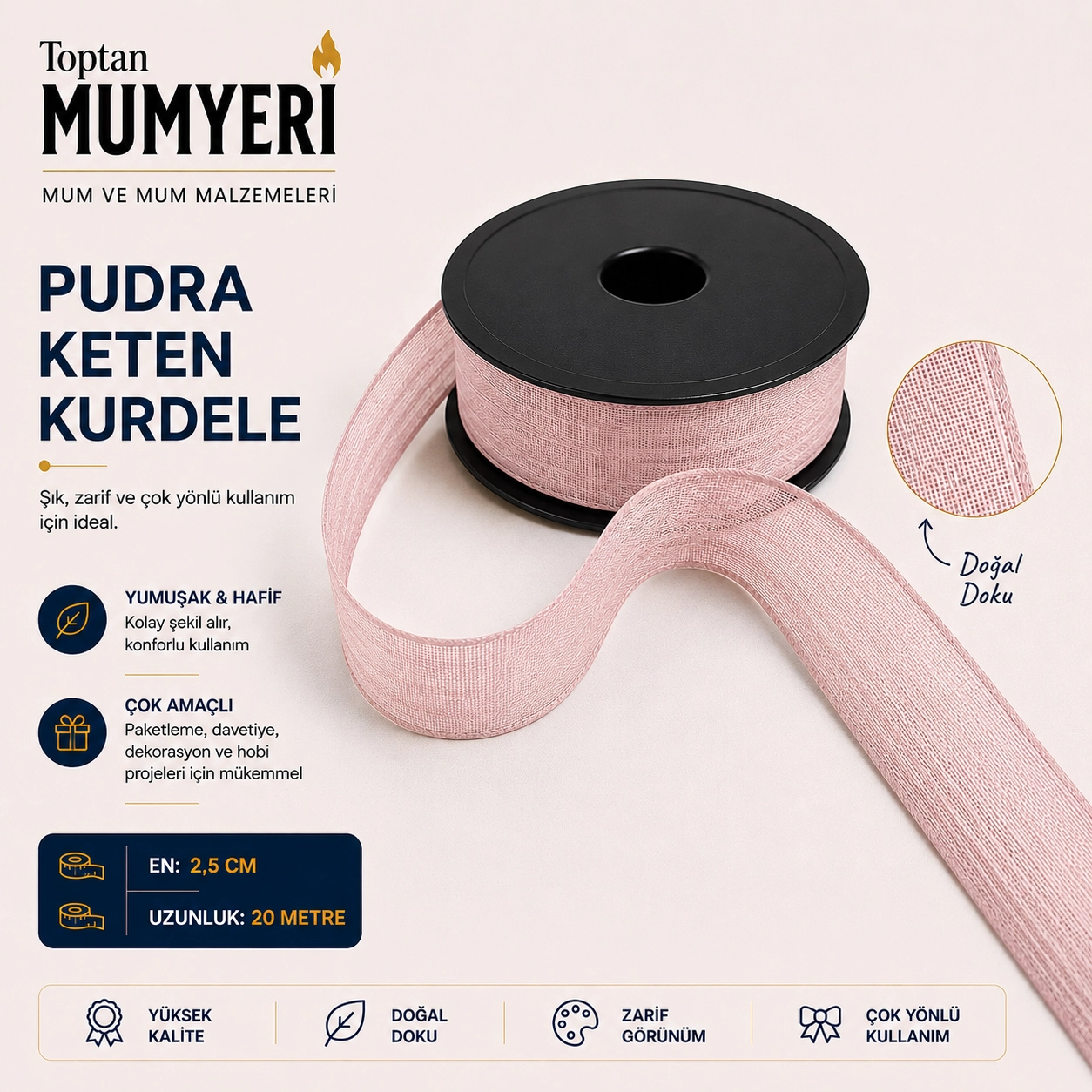 Pudra Keten Kurdele 2.5 cm (20 Metre)