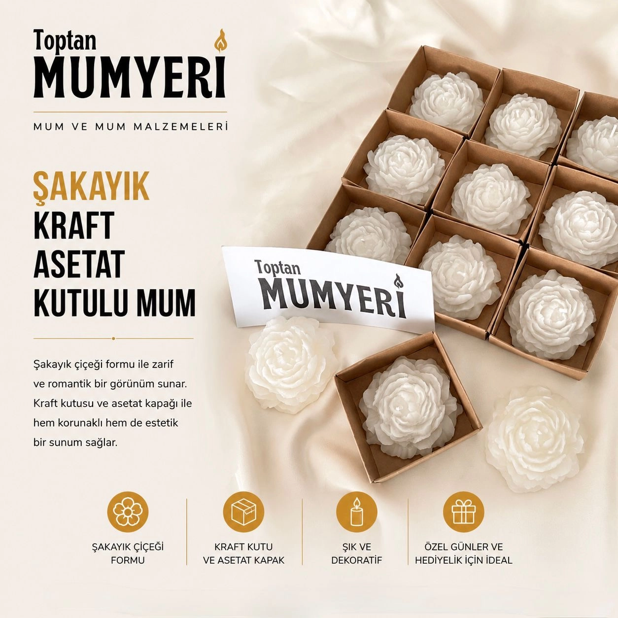 Şakayık Gül Kraft Asetat Kutulu Mum