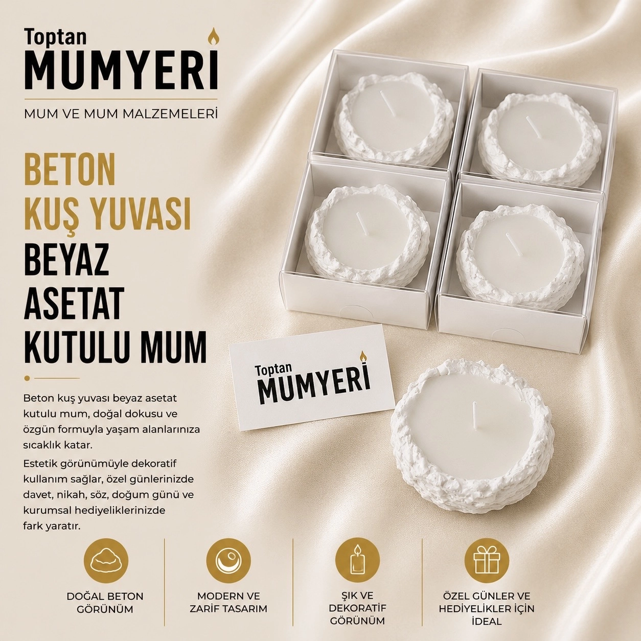 Beton Kuş Yuvası Beyaz Asetat Kutulu Mum