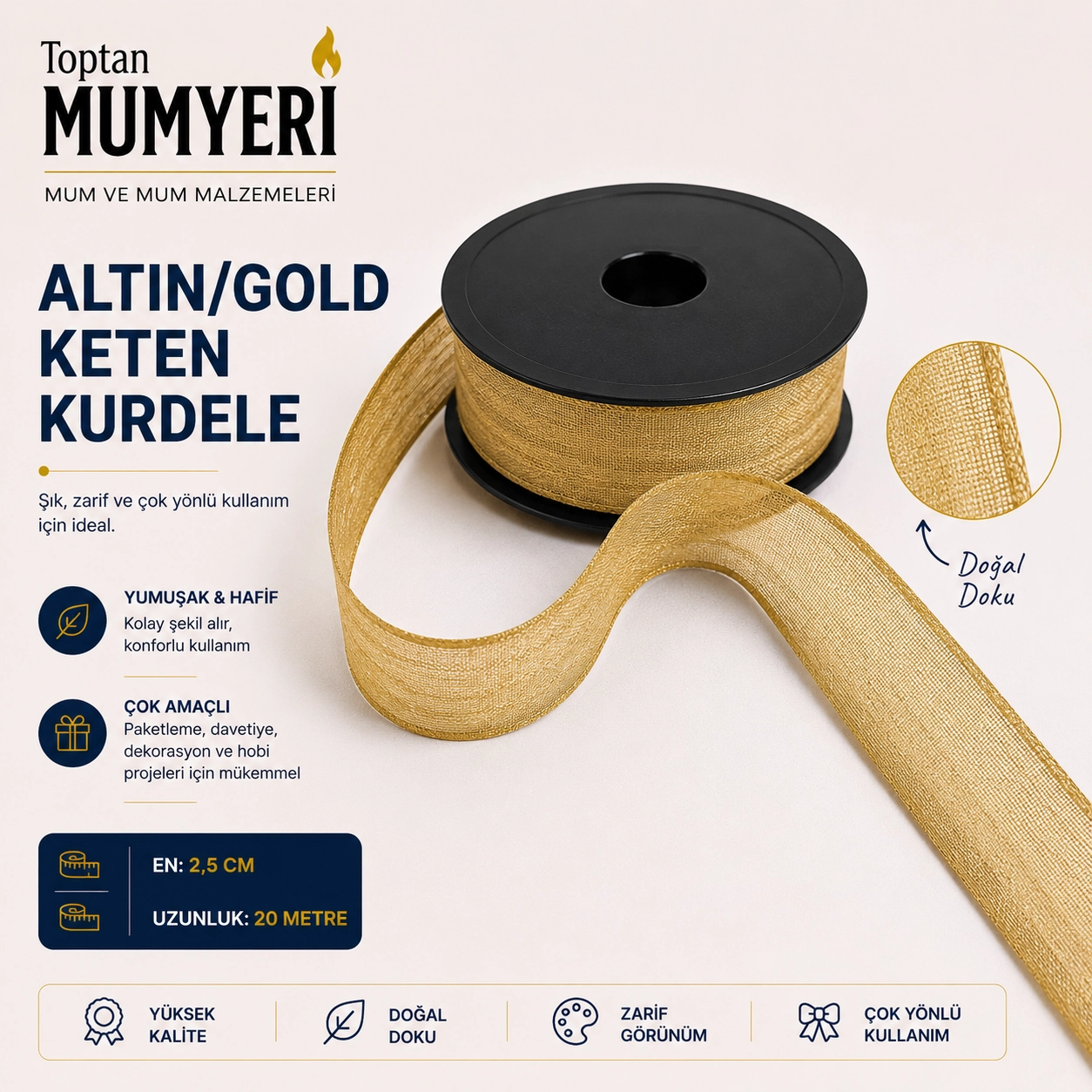 Altın/Gold Keten Kurdele 2.5 cm (20 Metre)