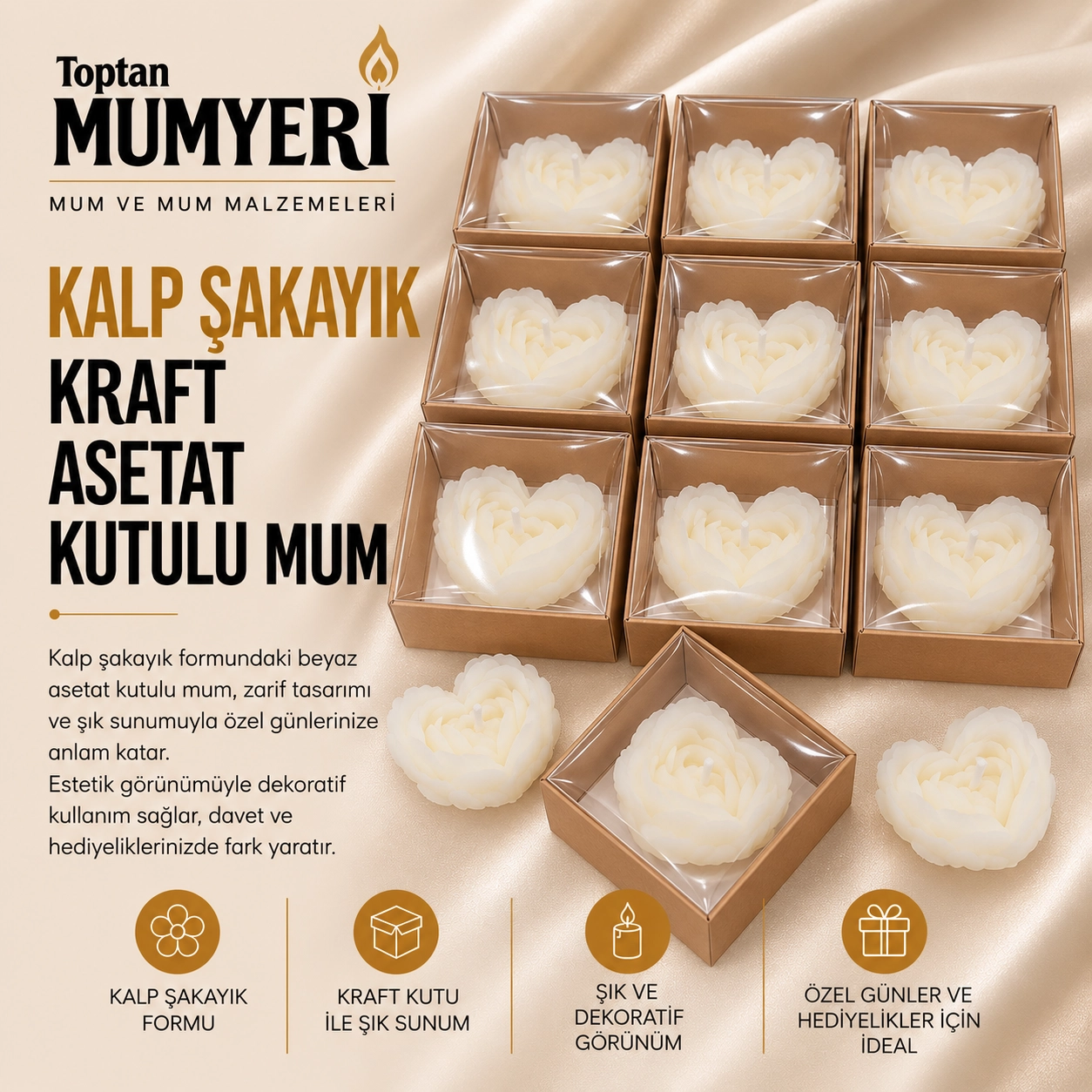 Kalp Şakayık Kraft Asetat Kutulu Mum