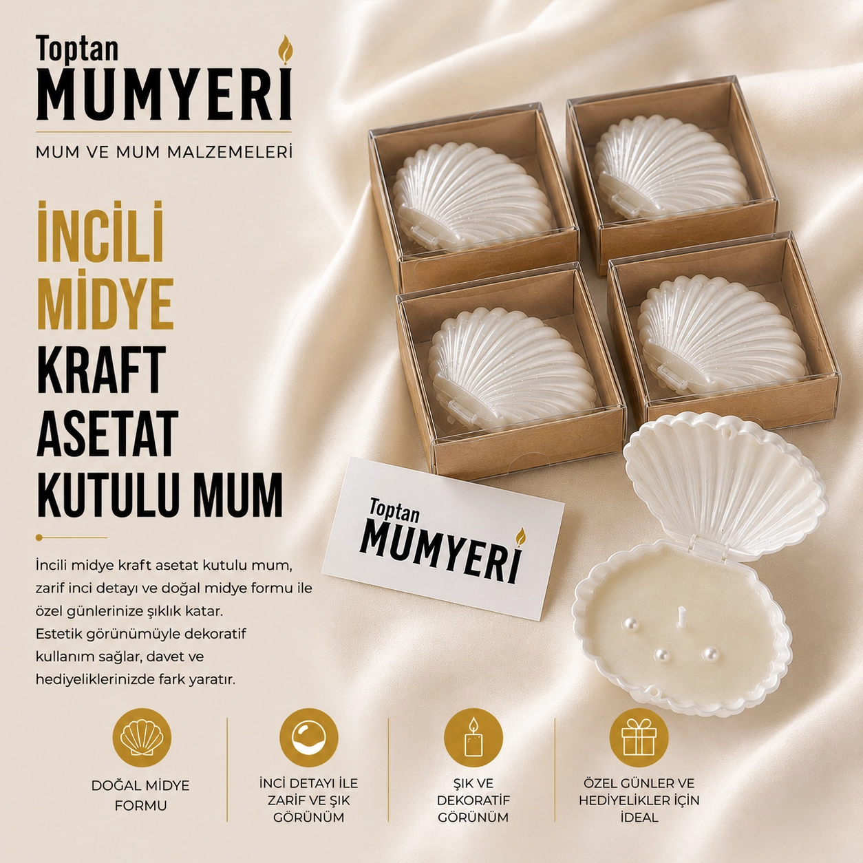 İncili Midye Demonte Kraft Asetat Kutulu Mum