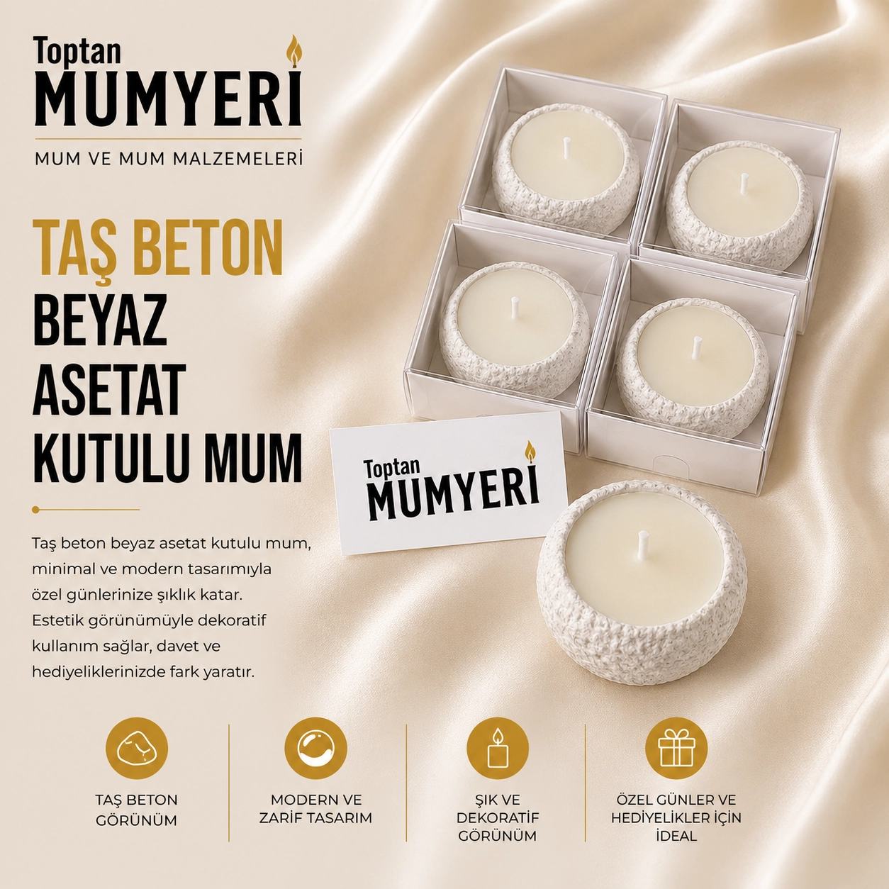 Beton Taş Desen Beyaz Asetat Kutulu Mum