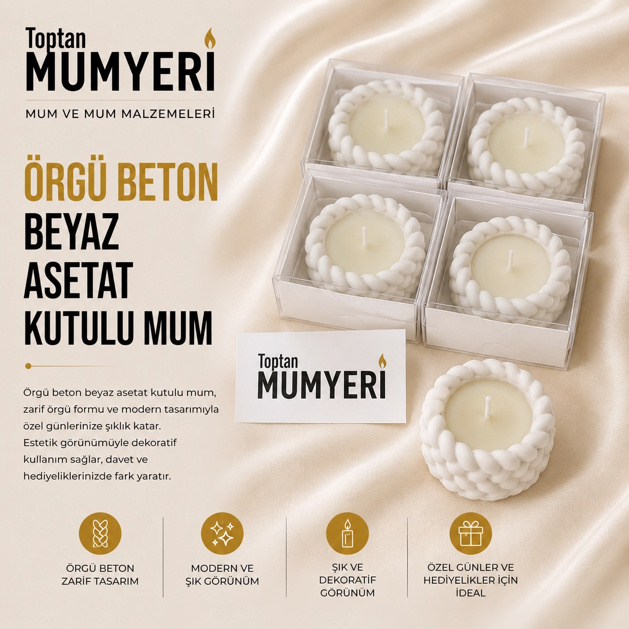 Beton Örgü Beyaz Asetat Kutulu Mum