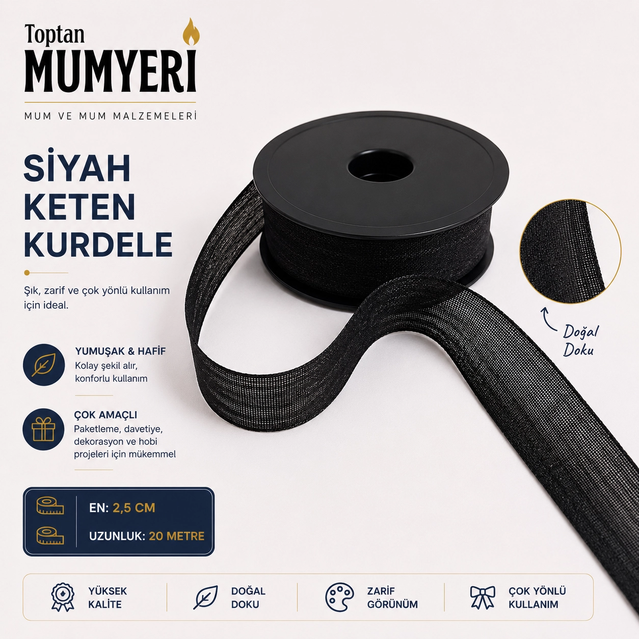 Siyah Keten Kurdele 2.5 cm (20 Metre)