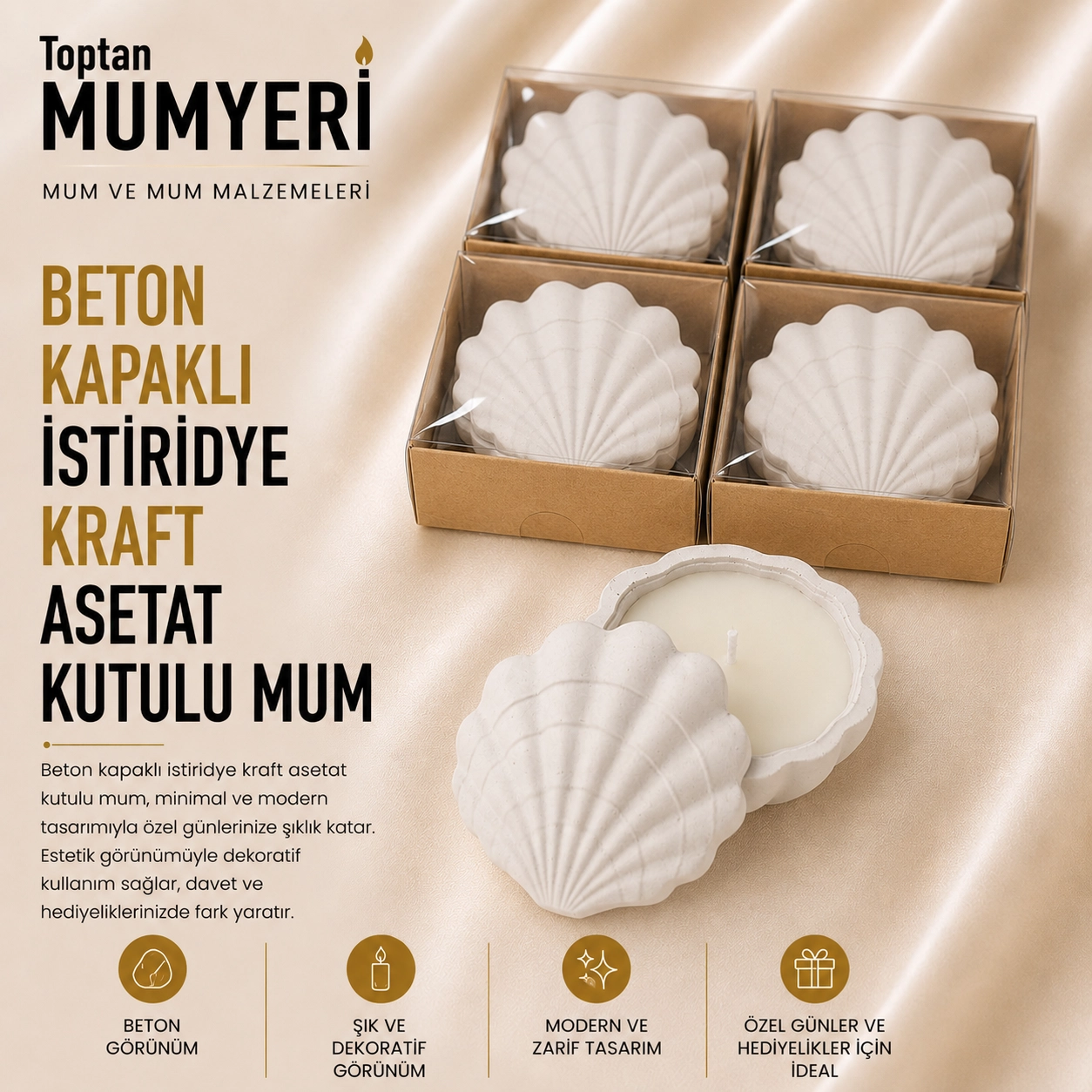 Beton Kapaklı İstiridye Kraft Asetat Kutulu Mum