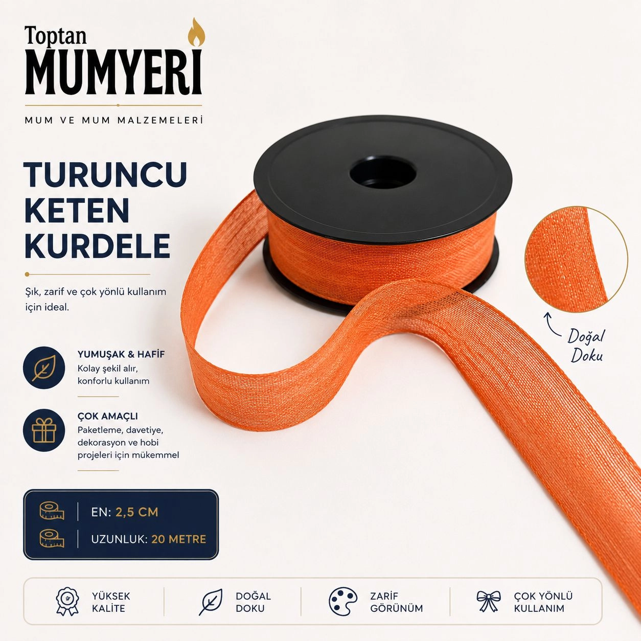 Turuncu Keten Kurdele 2.5 cm (20 Metre)