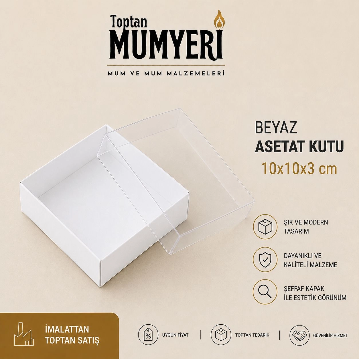 10x10x3 cm Beyaz Asetat Kutu (Demonte)