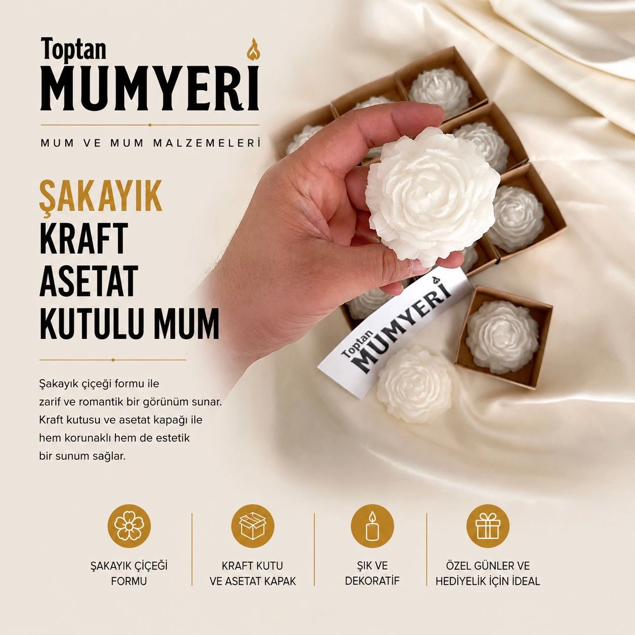Şakayık Gül Kraft Asetat Kutulu Mum