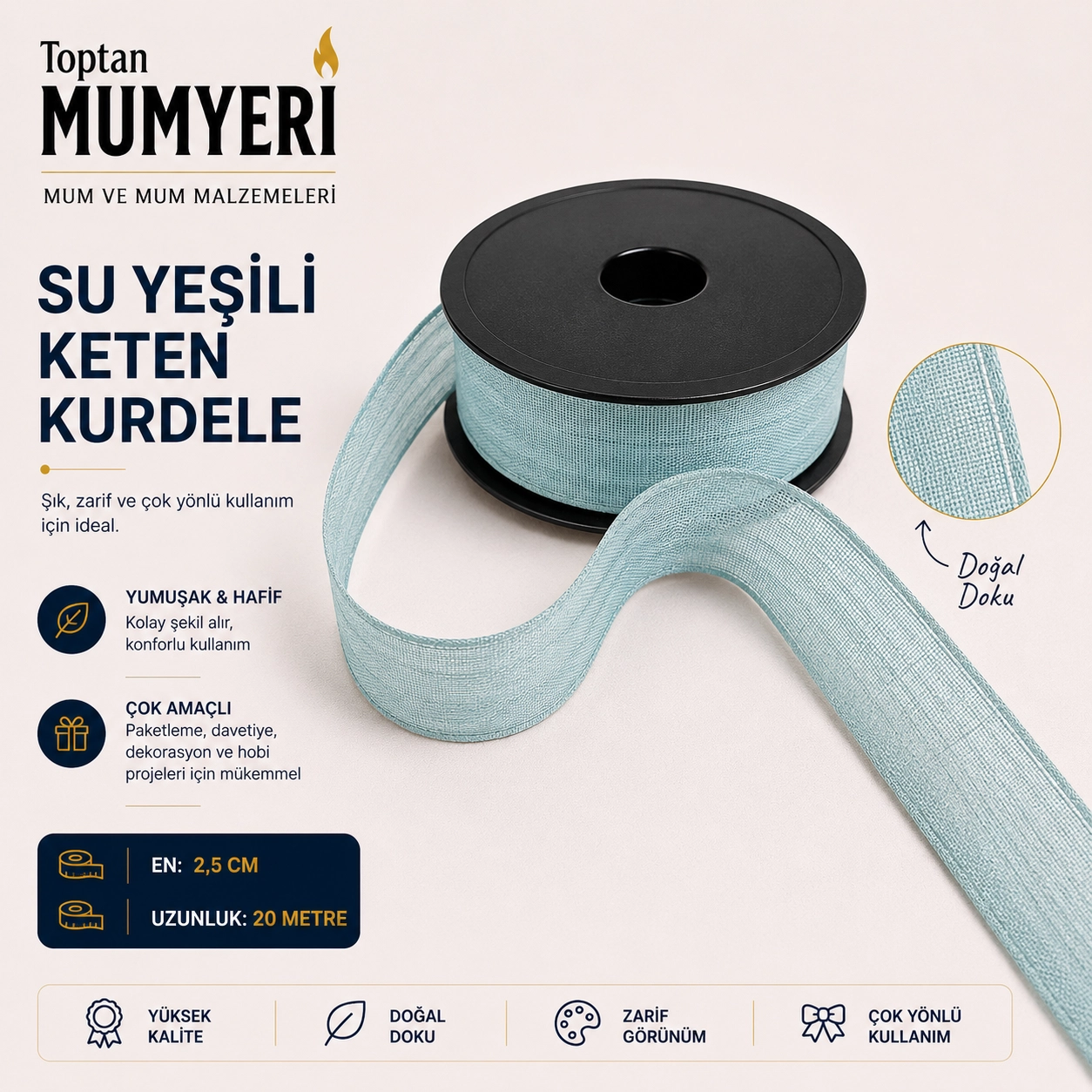 Su Yeşili Keten Kurdele 2.5 cm (20 Metre)