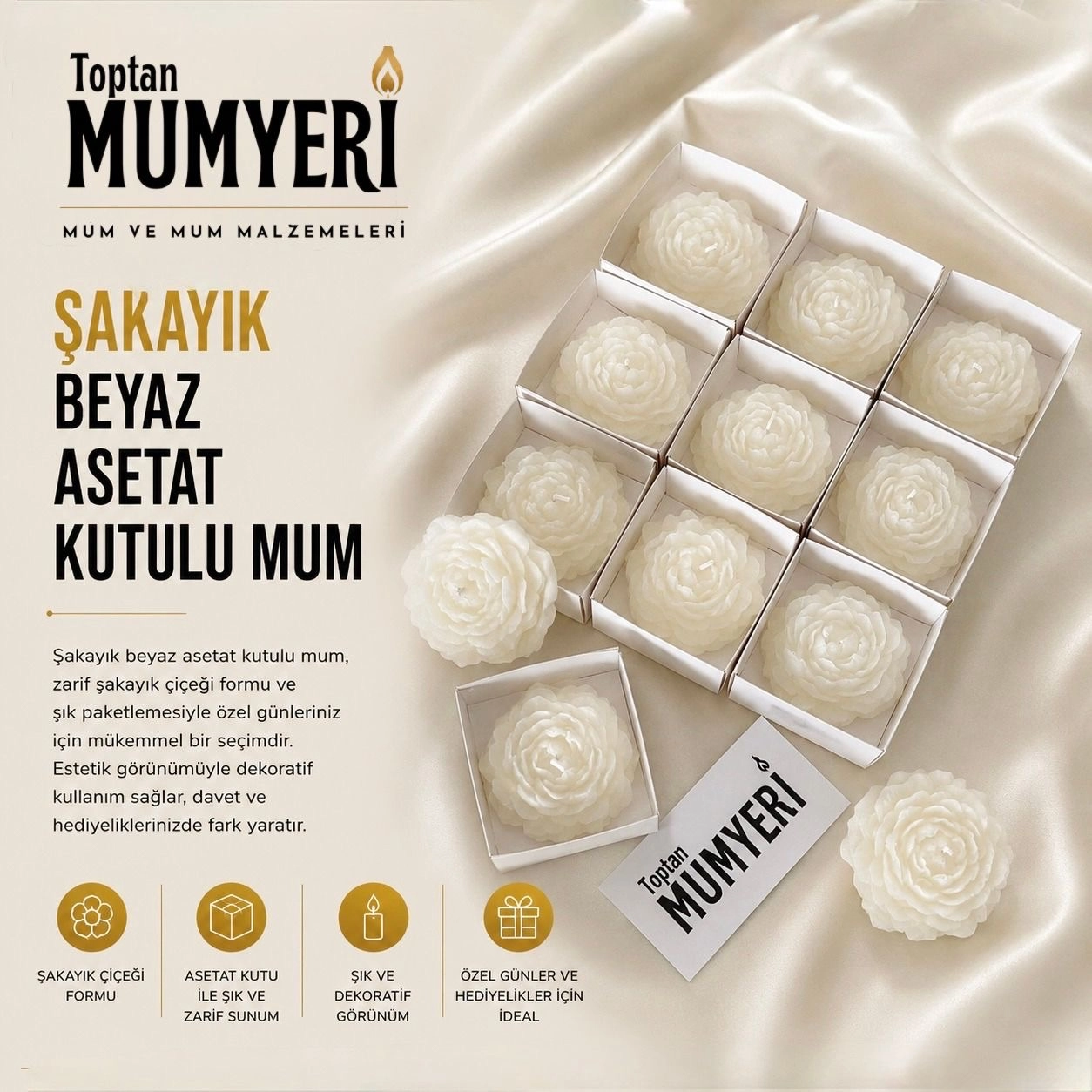 Şakayık Gül Beyaz Asetat Kutulu Mum