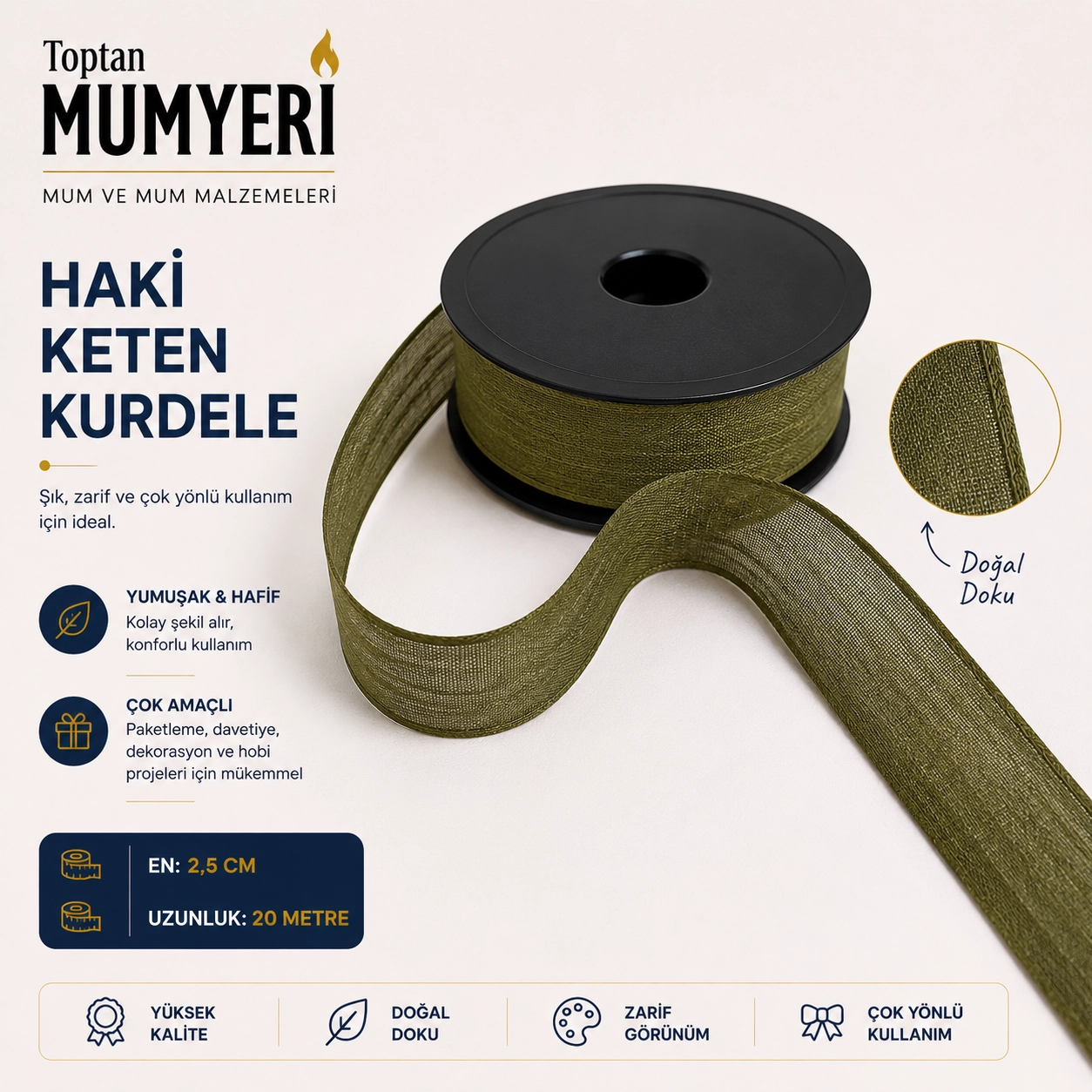 Haki Keten Kurdele 2.5 cm (20 Metre)