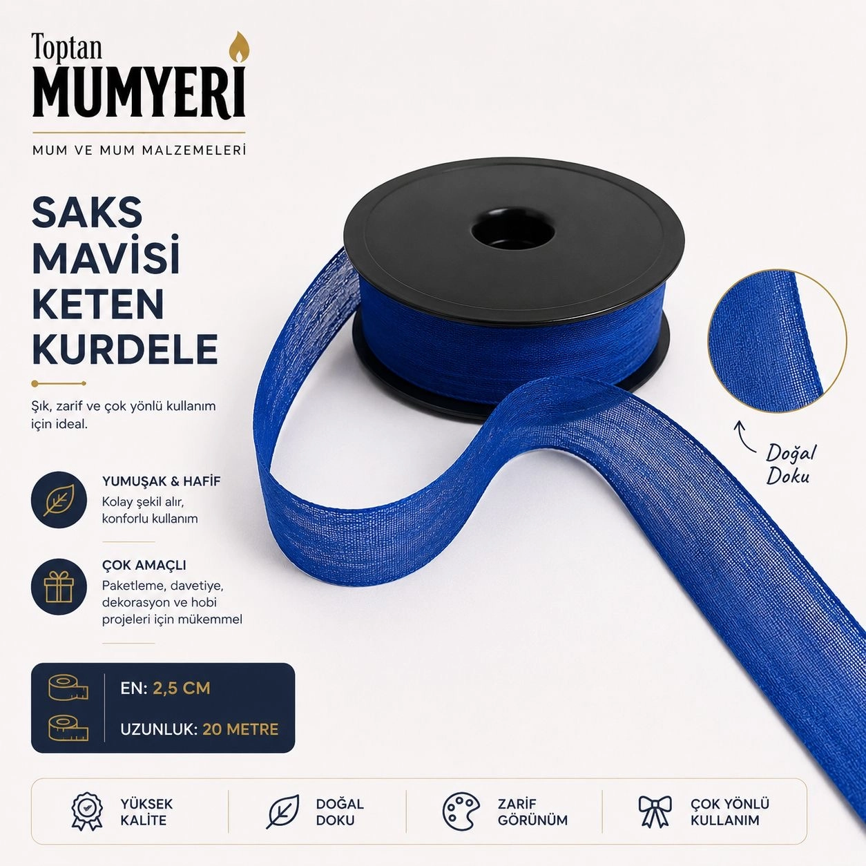 Saks Mavisi Keten Kurdele 2.5 cm (20 Metre)