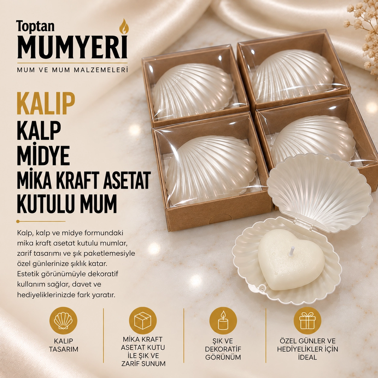 Kalıp Kalp Midye Mika Kraft Asetat Kutulu Mum