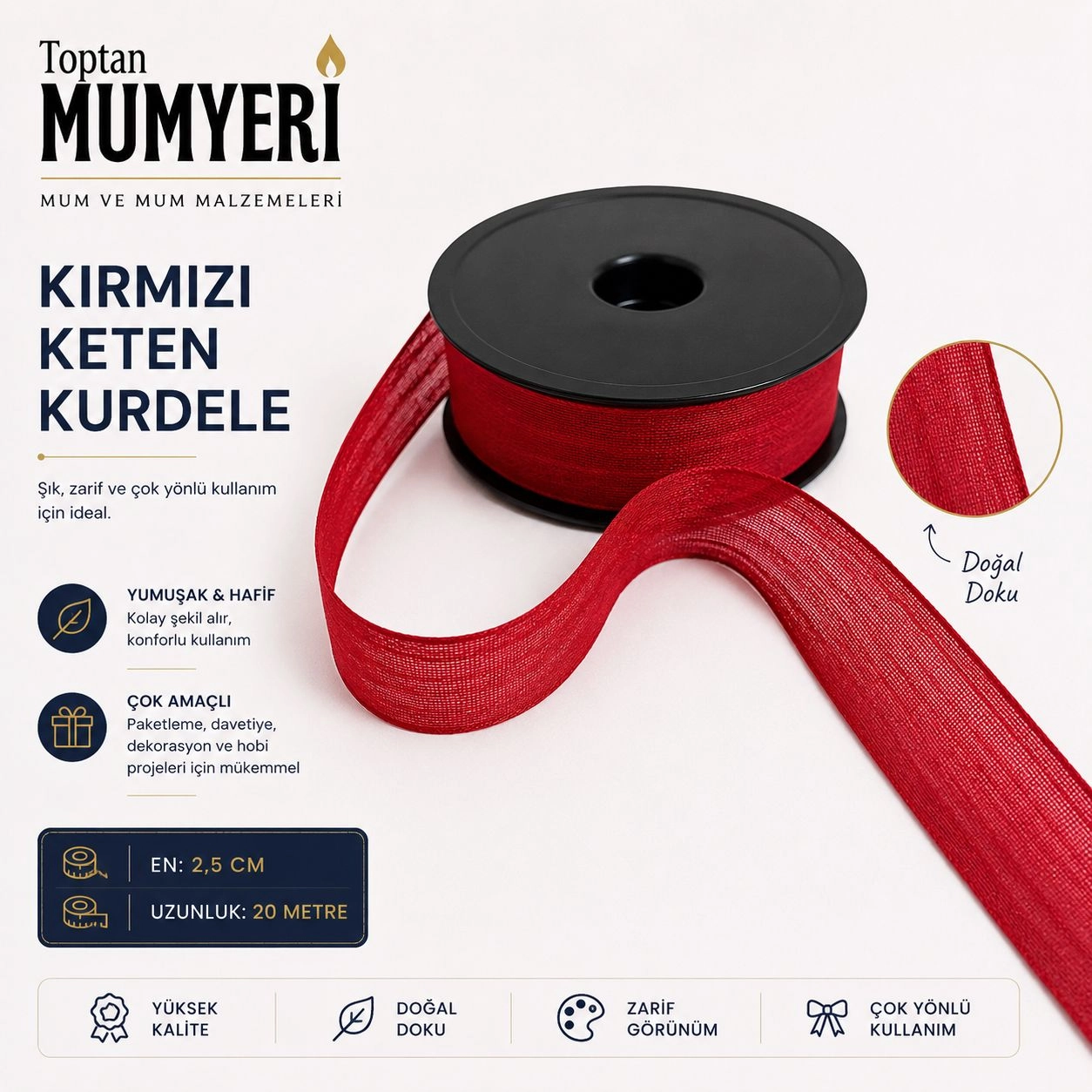 Kırmızı Keten Kurdele 2.5 cm (20 Metre)