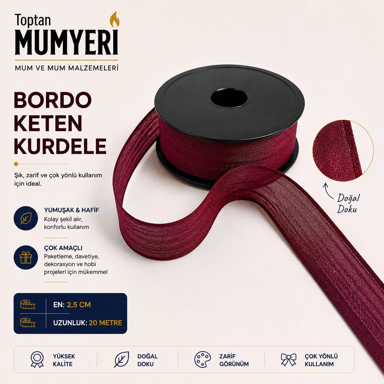 Bordo Keten Kurdele 2.5 cm (20 Metre)