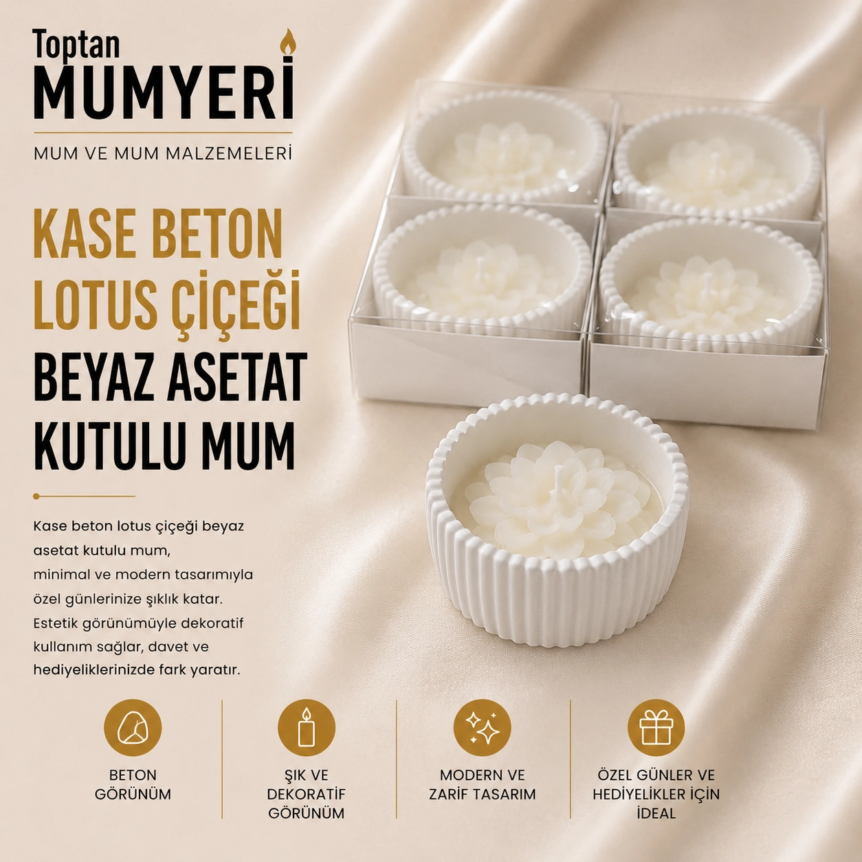 Beton Kase Lotus Beyaz Asetat Kutulu Mum