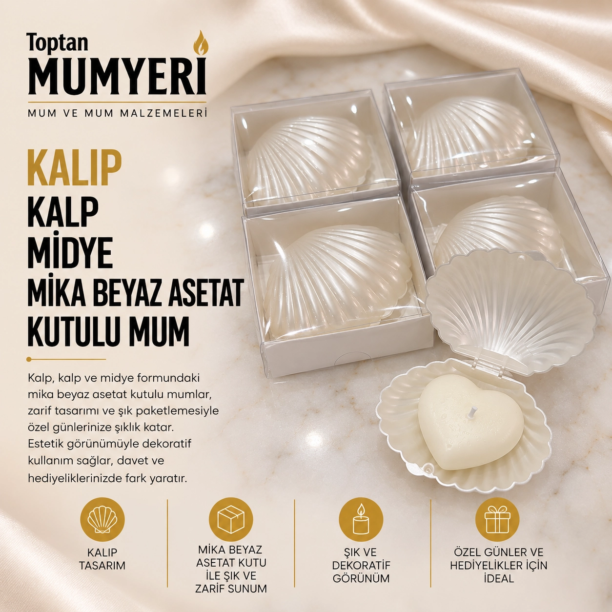 Kalıp Kalp Midye Mika Beyaz Asetat Kutulu Mum