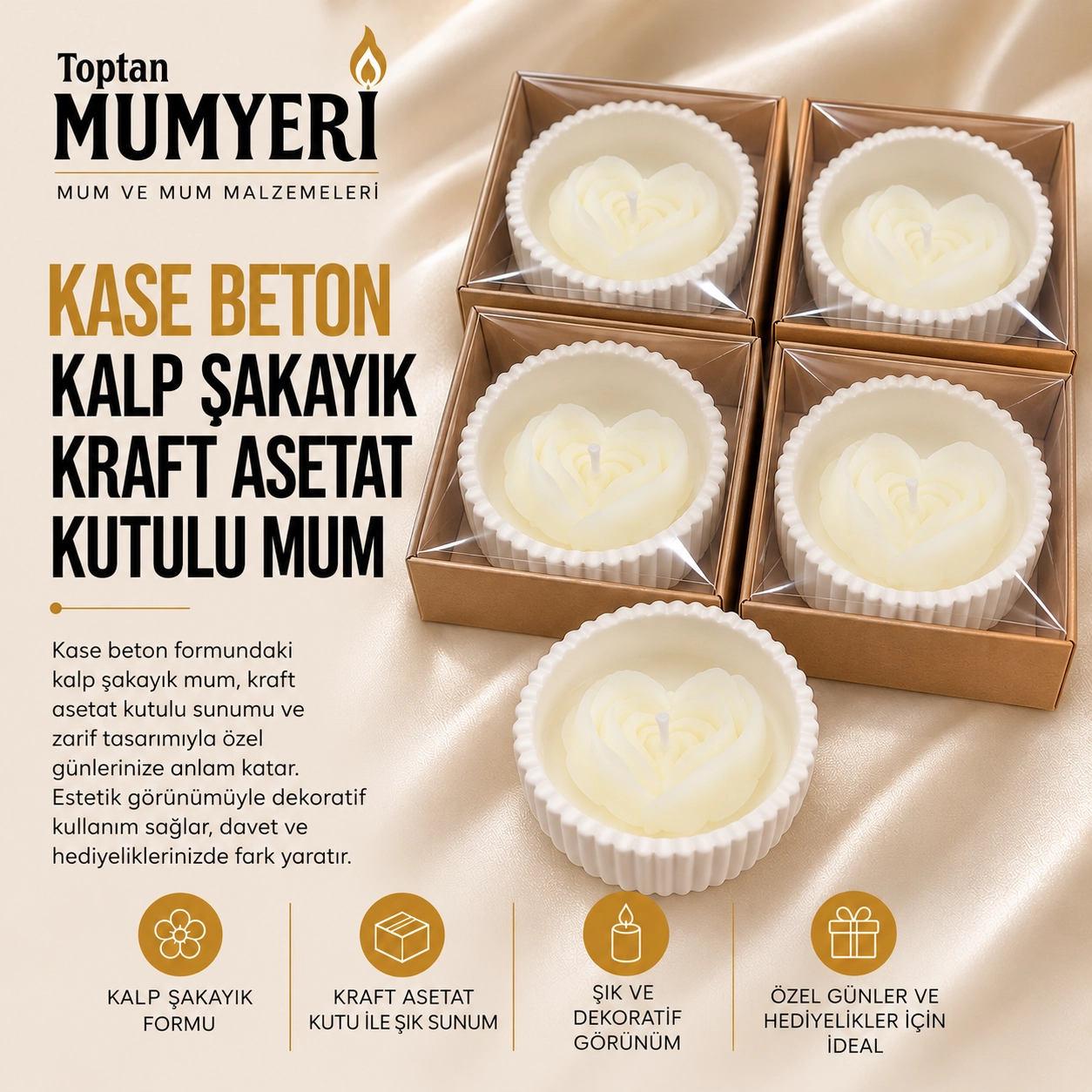 Beton Kase Kalp Şakayık Kraft Asetat Kutulu Mum