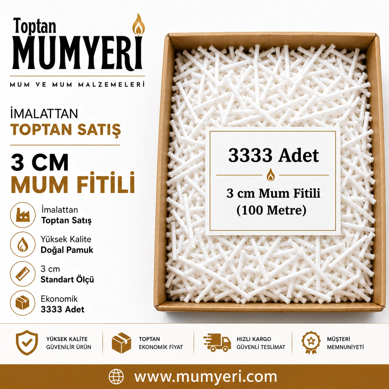 Mum Fitili 3 Cm 3333 Adet Mumlu (100 Metre) - Hazır Kesilmiş 