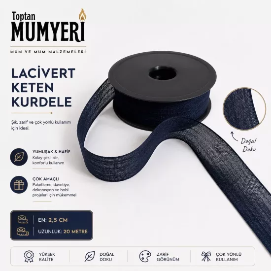 Lacivert Keten Kurdele 2.5 cm (20 Metre)